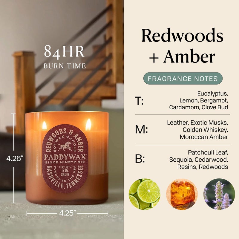 Paddywax Vista Scented Candle with Lid in Reusable Tonal Glass Jar, Clean-Burn 2-Wick Soy Candle with Approx. 84 Hour Burn Time, Decorative Gift Candles for Home, Redwoods & Amber, 12 oz - Image 2